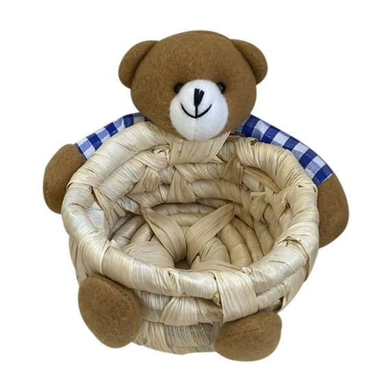 YOHAVEN Bear Storage Basket, Straw Desktop Organizer for Office Toys Books Magazines Home Decorative Storage Container Holiday Party Decor