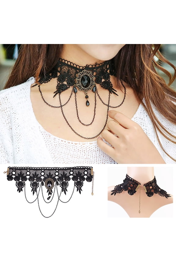 Black Lace Choker Necklace With Crystal Pendant, Gothic Tassel Style, Adjustable 12 Inch Band With 7.1 Inch Extension, Alloy And Lace Craft, Prom Party Jewelry Gift For Special Occasions