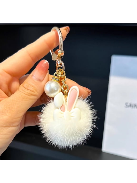 Bunny Keychain Pendant, Cute Plush Rabbit Key Ring with Bow and Pearl, Fluffy Bag Charm Accessory for Car Keys Backpack Purse Decoration Gift for Women Girls