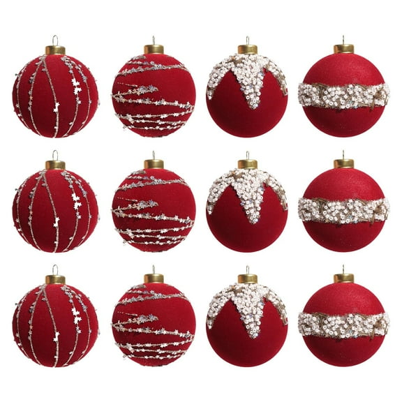 YOHAVEN Christmas Ball Ornaments 12 Pack, 2.3" Flocked Beaded Decorative Hanging Baubles, Glitter Xmas Tree Decorations for Indoor Outdoor Holiday Party Wreath Garland Fireplace Decor