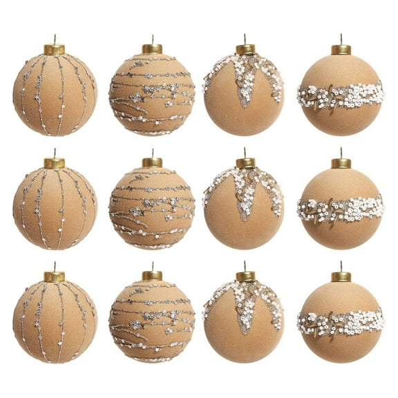 YOHAVEN Christmas Ball Ornaments 12 Pack, 2.3" Flocked Beaded Decorative Hanging Baubles, Glitter Xmas Tree Decorations for Indoor Outdoor Holiday Party Wreath Garland Fireplace Decor