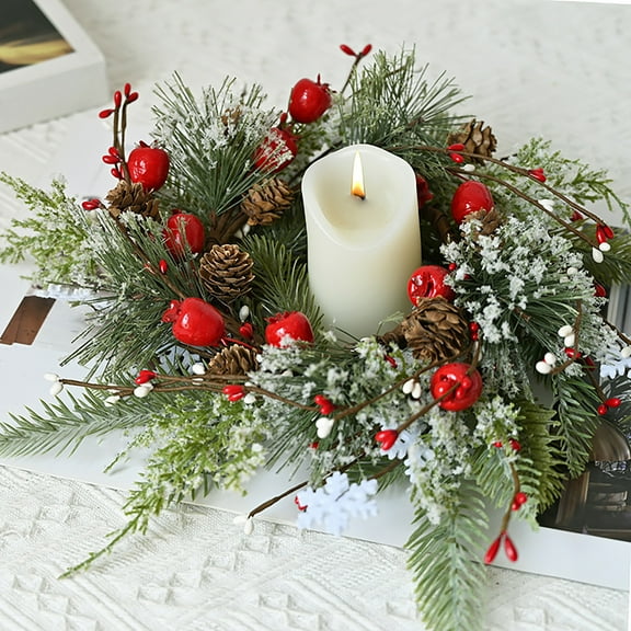 YOHAVEN Christmas Candle Ring Wreath 13" Artificial Leaves Garland, Tabletop Candle Holder Christmas Decorations for Dining Table Living Room Fireplace Holiday Decor