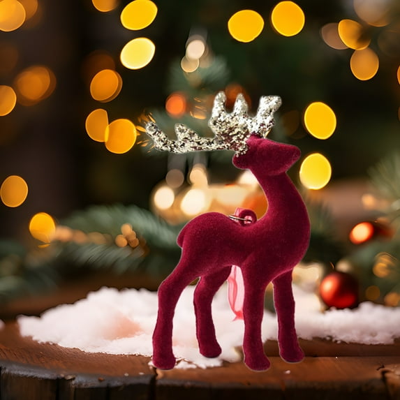 YOHAVEN Christmas Deer Ornament Red Flocking Tabletop Reindeer Figurine Holiday Mantel Shelf Winter Decoration for Home Office Fireplace Table Decor