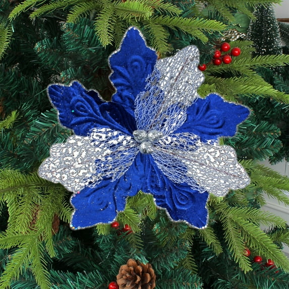 YOHAVEN Christmas Flower Sequin Decoration, Cutout Holiday Floral Arrangement with Lace Bells and Glitter for Table Mantle Tree Display, Elegant Festive Home Decor Accent