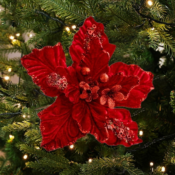 YOHAVEN Christmas Glitter Magnolia Flower Stems 8.6" Artificial Poinsettia Picks, Xmas Tree Wreath Holiday Decorations for Home Fireplace Party Decor