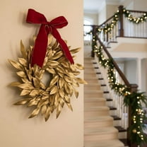 YOHAVEN Christmas Golden Leaf Bow Wreath for Doors Walls Centerpieces Indoor Outdoor Holiday Decorations Elegant Festive Christmas Decor Party Favors Seasonal Decorations Christmas Garlands Ornaments