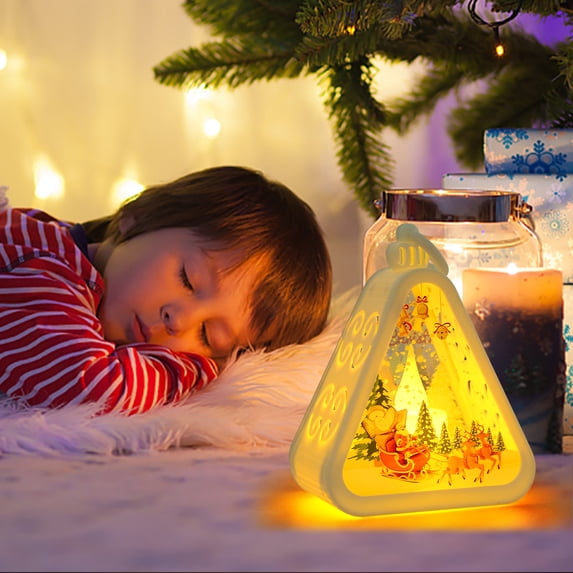 YOHAVEN Christmas Night Light Desktop Lamp Vintage Holiday Decoration with Santa Snowman Reindeer Scene, Luminous Xmas Window Ornament for Home Office Table Party Decor