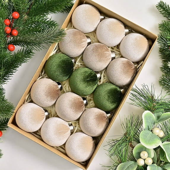 YOHAVEN Christmas Ornaments 15 Pack Velvet Baubles 2.4" Flocked Hanging Balls, Holiday Tree Decorations with Rope for Indoor Outdoor Xmas Party Home Decor