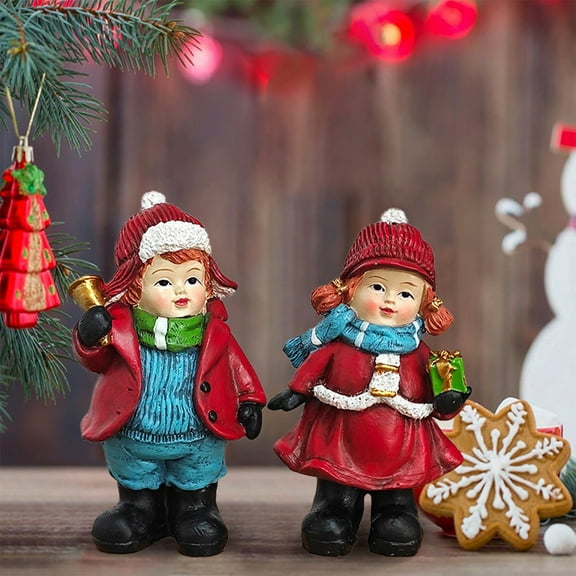 YOHAVEN Christmas Red Coat Winter Elf Figurines 2PCS Resin Holiday Decor for Mantel Tabletop Shelf Display Festive Home Office Seasonal Party Decoration