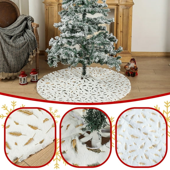YOHAVEN Christmas Tree Skirt 35" Faux Fur Xmas Tree Skirt with Feather Print Cover Mat for Holiday Party Indoor Home Fireplace Christmas Decorations