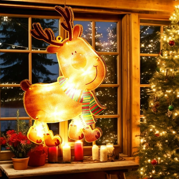 YOHAVEN Christmas Window Hanging LED Lights Acrylic Battery Powered Holiday Decorations Indoor Porch Shop Display Xmas Party Tabletop Decor