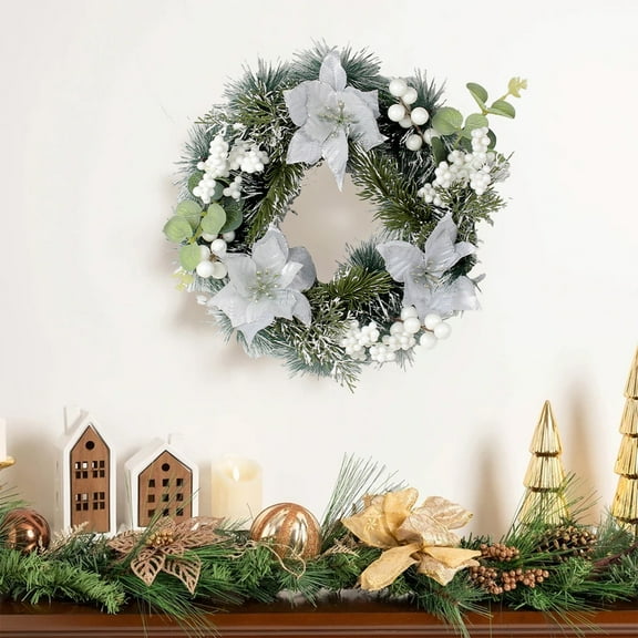 YOHAVEN Christmas Wreath Indoor Outdoor Holiday Decor with Pine Needles Flowers Golden Balls Pine Cones for Door Wall Table Mantel Display