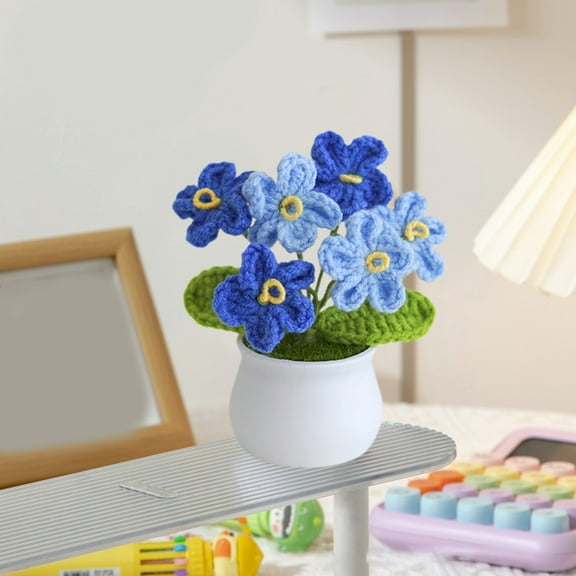 YOHAVEN Crochet Flowers Artificial Potted Plants 4.33"x3.94"x3.94" Handmade Knitted Flower Desk Car Home Decor Gift for Women Office Decoration