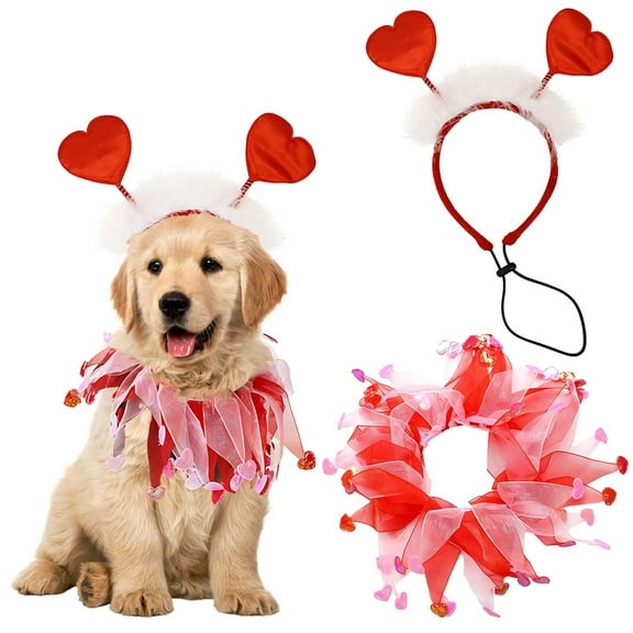YOHAVEN Dog Valentine's Day Costume, Heart Shaped Headband and Pompom Skirt Outfit, Holiday Party Pet Apparel for Medium Large Dogs, Festive Photo Accessory