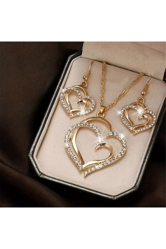 Double Heart Necklace and Earring Set, Alloy Pendant Necklace 19.68" with Matching Earrings for Couples Gifts Anniversary Birthday Valentine’s Day Wedding