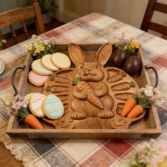 YOHAVEN Easter Bunny Wooden Charcuterie Tray For Holiday Entertaining, Handcrafted Serving Board For Appetizers Or Desserts, Durable Natural Wood, Perfect Gift For Hosts, Indoor Outdoor Use