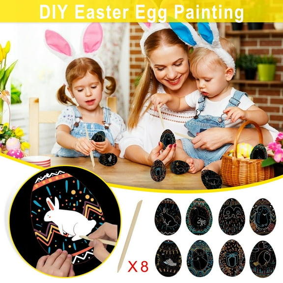YOHAVEN Easter Scratch Painting Set DIY Magic Paper Decoration Kit for Holiday Arts Crafts Birthday Party Classroom Activity Handmade Gift Tags Invitations Creative Craft Supplies