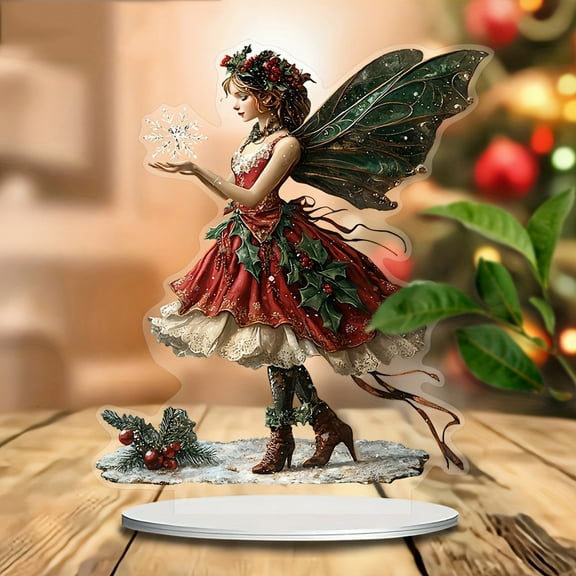 YOHAVEN Enchanting Christmas Fairy Ornament with Snowflakes, Desktop Holiday Decoration Figurine for Table Shelf Mantle, Magical Gift for Festive Home Celebration