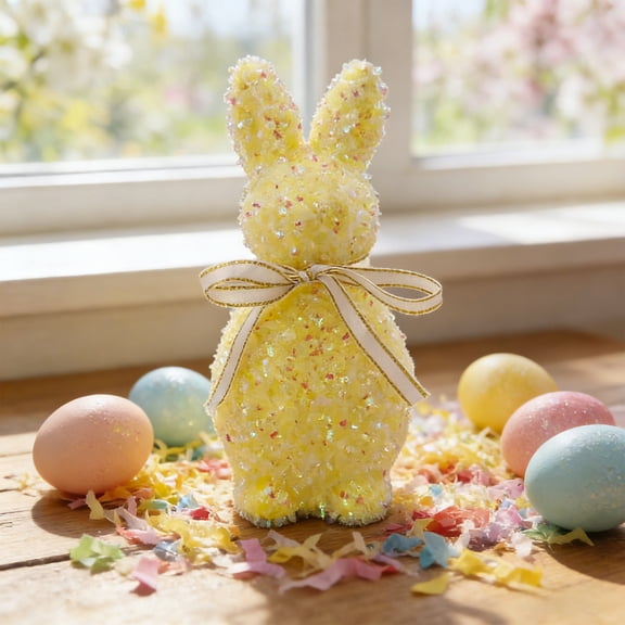 YOHAVEN Festive Sequined Bunny Figurine For Easter Tabletop And Garden Accent, Plush Flocked Texture, Soft Color Palette, Spring Yard Party Decor, Family Friendly Seasonal Display, Reusable