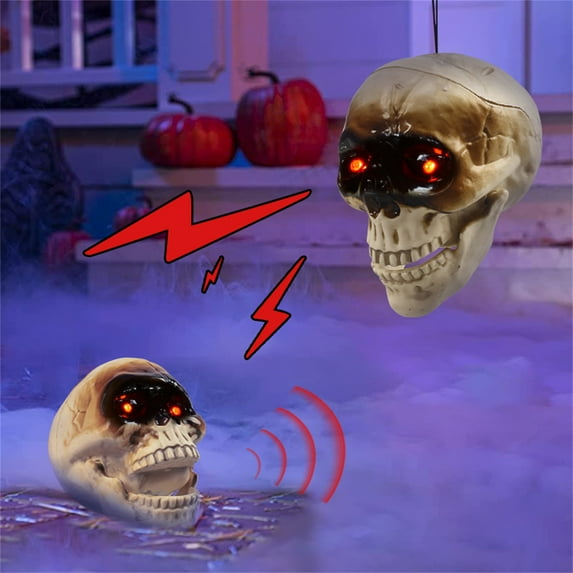 YOHAVEN Halloween Motion Sensor Skull Decoration Glowing Red Eyes Hanging Floor Indoor Outdoor Haunted House Party Scary Decor