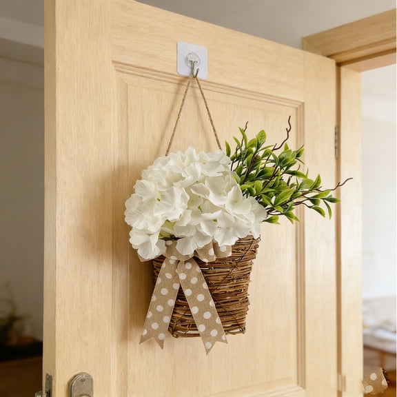 YOHAVEN Hydrangea Basket Style Front Door Wreath With Bow, Spring Summer Porch Decor For Entryways Weddings And Holidays, Rustic Wicker Floral Hanger, Lightweight Reusable Year Round Accent