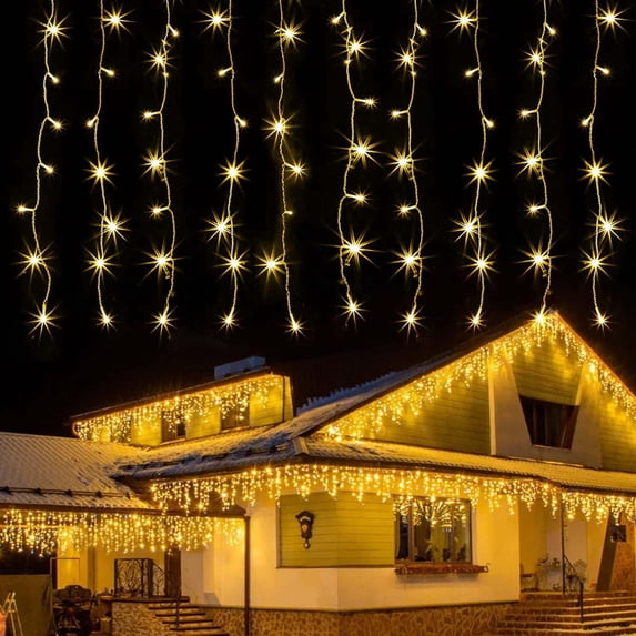 YOHAVEN LED Icicle Lights Outdoor Christmas Decorations, 16.4FT 216 LED Curtain String Lights Waterproof 8 Modes Holiday Lights for Roof Balcony Tree Xmas Decor