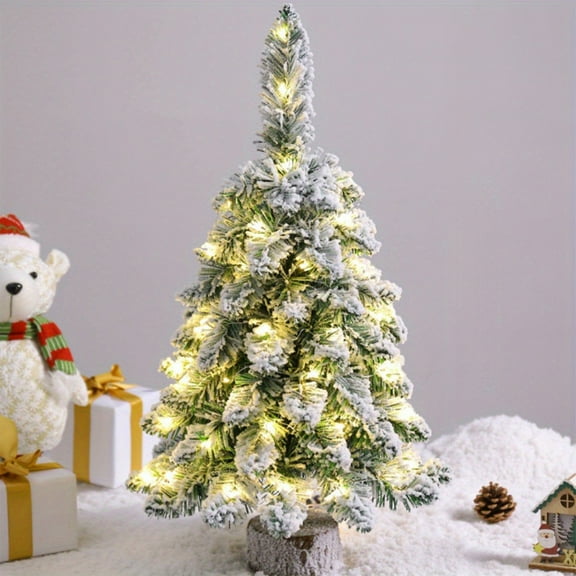 YOHAVEN Lighted Christmas Tree Flocking Snow Scene Desktop Ornament with LED Lights for Holiday Table Decor, Winter Wonderland Centerpiece for Home Office, Christmas Decorations