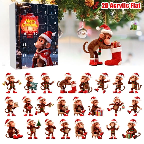 YOHAVEN Monkey Advent Calendar 2025 with 24 Days of Acrylic Monkey Ornaments, Creative Christmas Decorations for Tree Home Office Winter Decor for Christmas Holiday Party