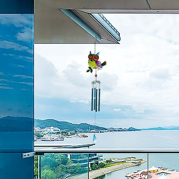 YOHAVEN Owl Iron Glass Wind Chime, Outdoor Garden Courtyard Hanging Decor with Harmonic Tones for Patio Porch Balcony, Nature Inspired Home Decoration Gift