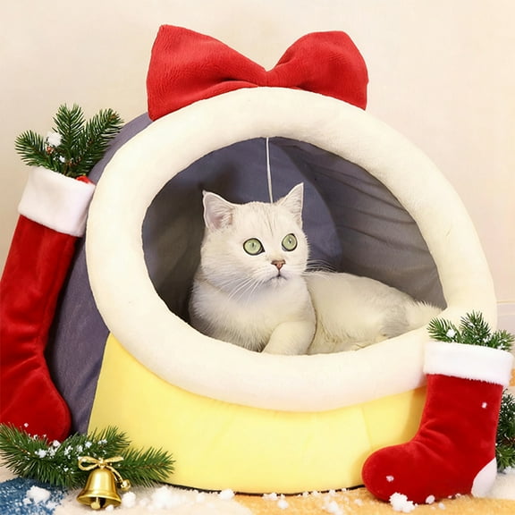 YOHAVEN Christmas Pet Bed Warm Sleeping Bag, Semi Enclosed Reindeer Shape Cozy Cat House with Soft Pad, Holiday Decorations for Indoor Small Pets Sofa Bedroom