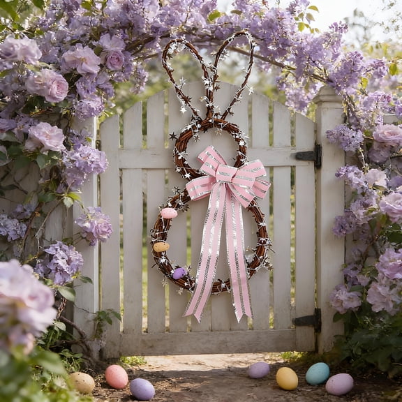 YOHAVEN Pink Bunny Shaped Easter Wreath, 23.6 In, Egg And Bow Accents, Durable Plastic Frame, Front Door Window Or Wall Hanging, Spring Seasonal Decor, Lightweight Reusable Gift, Farmhouse Style