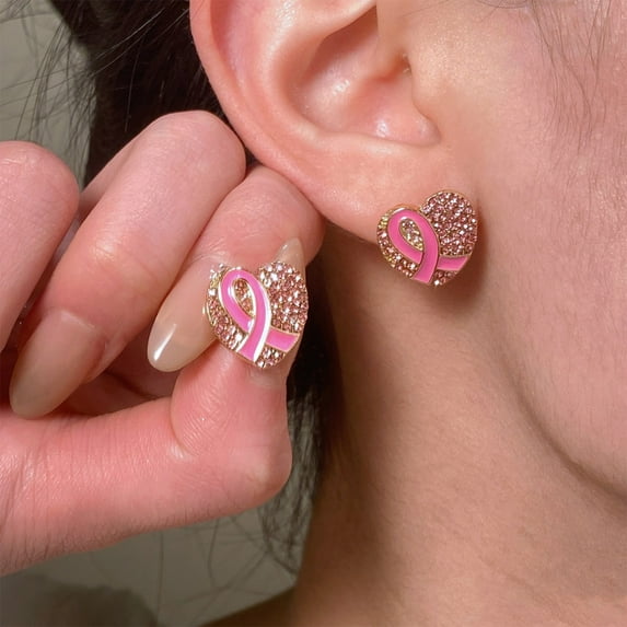 YOHAVEN Pink Ribbon Heart Stud Earrings Full Diamond Heart Shaped Jewelry, Breast Cancer Awareness Accessories for Fundraisers, Special Events, Meaningful Gifts for Women