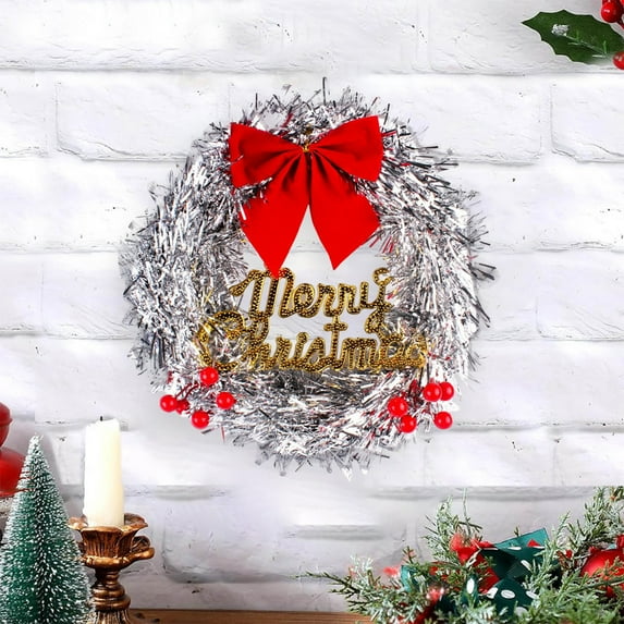 YOHAVEN Plastic Christmas Wreath Blue Silver Door Wall Hanging, Santa Reindeer Snowflake Scene Decor for Indoor Outdoor Holiday Christmas Celebration