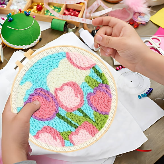 YOHAVEN Punch Needle Embroidery Kit, 8" Coarse Yarn Floral DIY Material Package with Tools and Patterns for Beginners Craft Hobby Gift Home Decoration