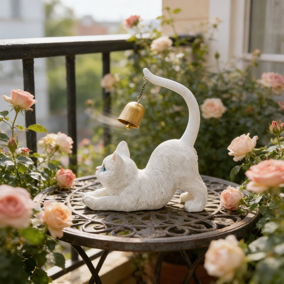YOHAVEN Resin Cat Sculpture Home Garden Table Ornament, Elegant White Or Gray Feline Figurine With Fine Detailing, Durable Waterproof Resin For Indoor Outdoor Display, Patio Shelf Desk Accent