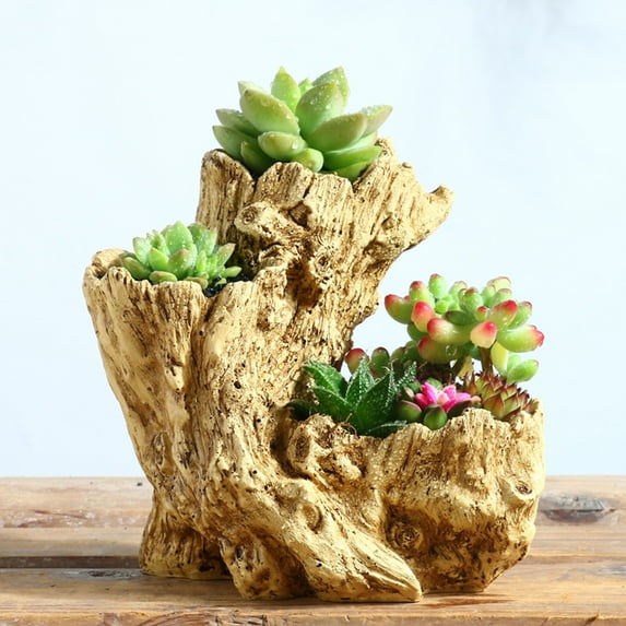 YOHAVEN Resin Stump Planter Artificial Bonsai Multi Plant Display Pot 8.2" Faux Stump Flowerpot With 3 Planting Spaces Natural Tree Stump Style Decorative Pot For Balcony Garden Courtyard Decor