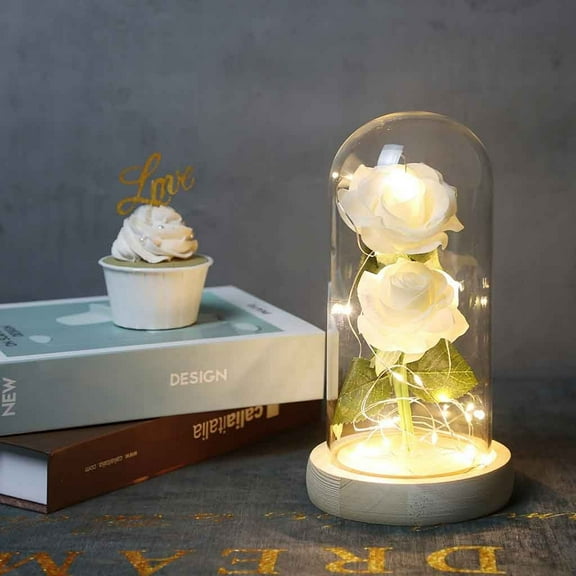 YOHAVEN Romantic Glass Rose Decoration Forever Rose in Dome Preserved Artificial Flower with LED String Light Wedding Anniversary Birthday Valentine’s Day Holiday Gift for Her