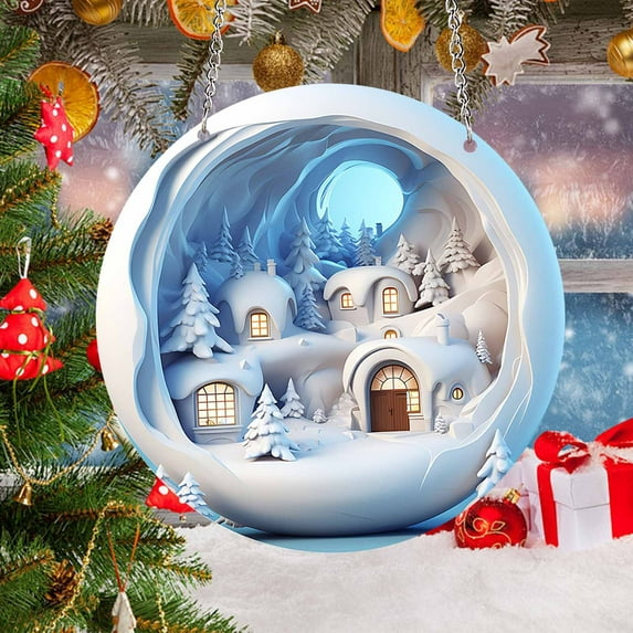 YOHAVEN Round Acrylic Christmas Reindeer Hanging Ornament, Forest Snow Holiday Wall Tree Pendant Indoor Outdoor Mantle Party Decoration