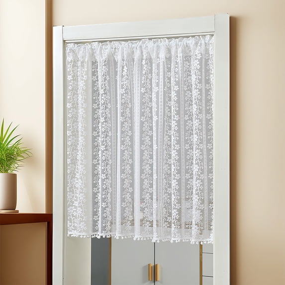 YOHAVEN Semi‑Sheer Embroidered Chiffon Lace Curtain Valance With Rod Pocket, White Polyester, Multiple Sizes Up To 55×23.6 In, Soft Decorative Window Treatment For Doors Bath Living Room Washable