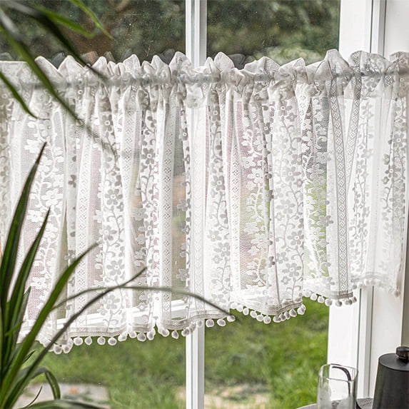 YOHAVEN Semi‑Sheer Embroidered Chiffon Lace Curtain Valance With Rod Pocket, White Polyester, Multiple Sizes Up To 55×23.6 In, Soft Decorative Window Treatment For Doors Bath Living Room Washable
