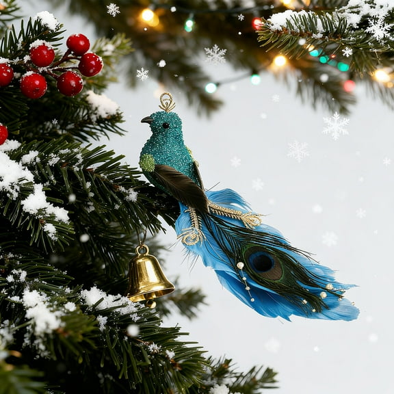 YOHAVEN Simulation Peacock Feathers Birds Branch, Elegant Christmas Tree Decor, Holiday Party Ornaments, Beautiful Feather Decorations for Christmas Trees, Indoor and Outdoor Holiday Decor