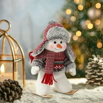 YOHAVEN Skiing Snowman Crochet Toy Christmas Figurine, Handmade Winter Desktop Tiered Tray Holiday Table Shelf Mantle Seasonal Decor Gift