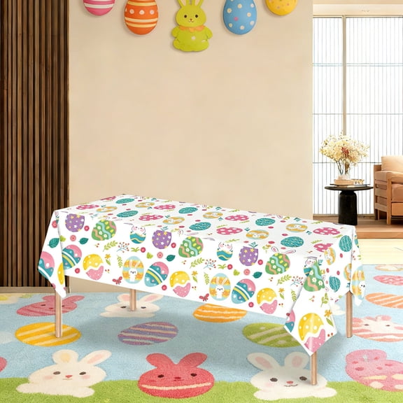 YOHAVEN Spring Festival Disposable Table Cover With Bunny Eggs Design, Waterproof Thick PEVA Sheet, Oil-Stain Resistant, Quick Clean, Foldable Reusable Protection For Rectangular Tables At Events
