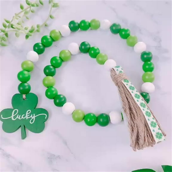 YOHAVEN St Patricks Day Decorations Wood Bead Garland 27.5" Farmhouse Beads with Green Pendant Tassel for Tiered Tray Fireplace Living Room Party