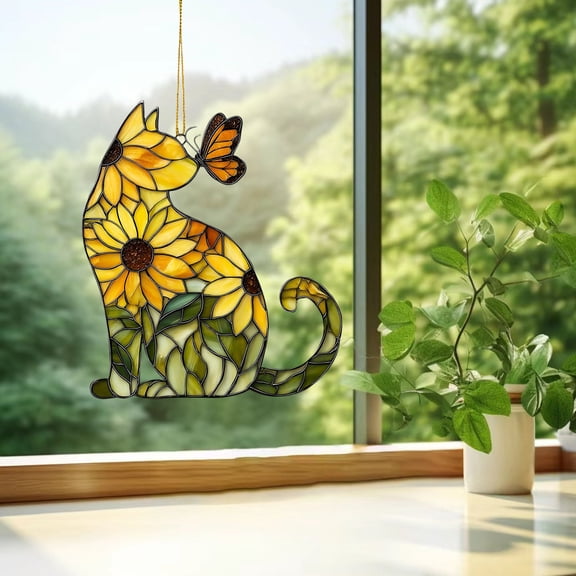 YOHAVEN Sunflower Cats And Butterflies Acrylic Sun Catcher Window Decor With Rainbow Light Reflection, Easy Hang Chain And Suction Cup, Home Gift Accent For Spring, Patio, Sunroom, Year‑Round Display