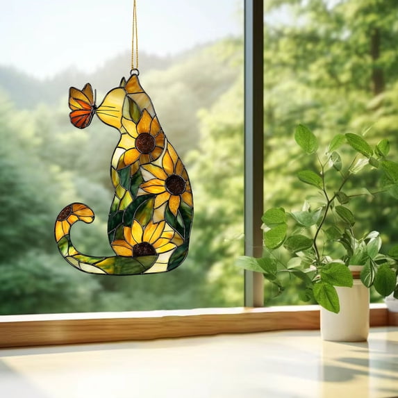 YOHAVEN Sunflower Cats And Butterflies Acrylic Sun Catcher Window Decor With Rainbow Light Reflection, Easy Hang Chain And Suction Cup, Home Gift Accent For Spring, Patio, Sunroom, Year‑Round Display