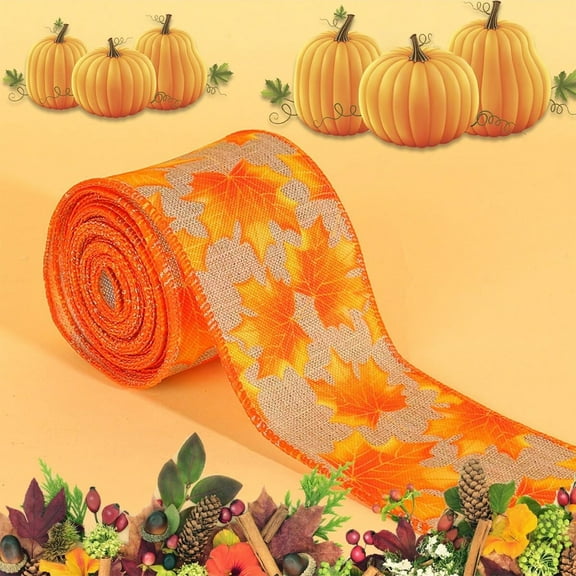 YOHAVEN Thanksgiving Decorative Ribbon 4.5M, Pumpkin Maple Leaf Festival Polyester Ribbon for DIY Crafts Gift Wrapping Table Centerpiece Autumn Harvest Party Decor