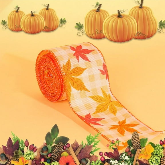 YOHAVEN Thanksgiving Decorative Ribbon 4.5M, Pumpkin Maple Leaf Festival Polyester Ribbon for DIY Crafts Gift Wrapping Table Centerpiece Autumn Harvest Party Decor
