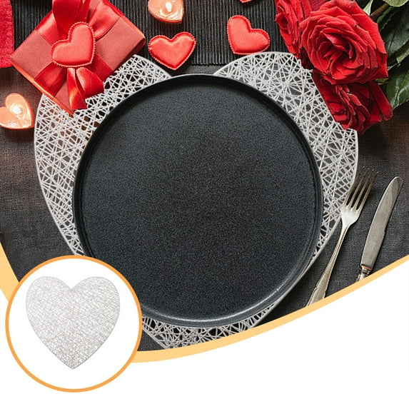 YOHAVEN Valentine’s Day Heart Placemats, 15 Inch PVC Table Mats, Hollow Rose Shape Heat Resistant Placemats for Dining Table Anniversary Romantic Dinner Decor