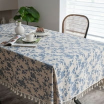 YOHAVEN Vintage Blue Rose Tablecloth Cotton Linen Tassel Rectangle Picnic Wedding Table Cloth Farmhouse Dining Kitchen Decoration for Banquet Birthday Party